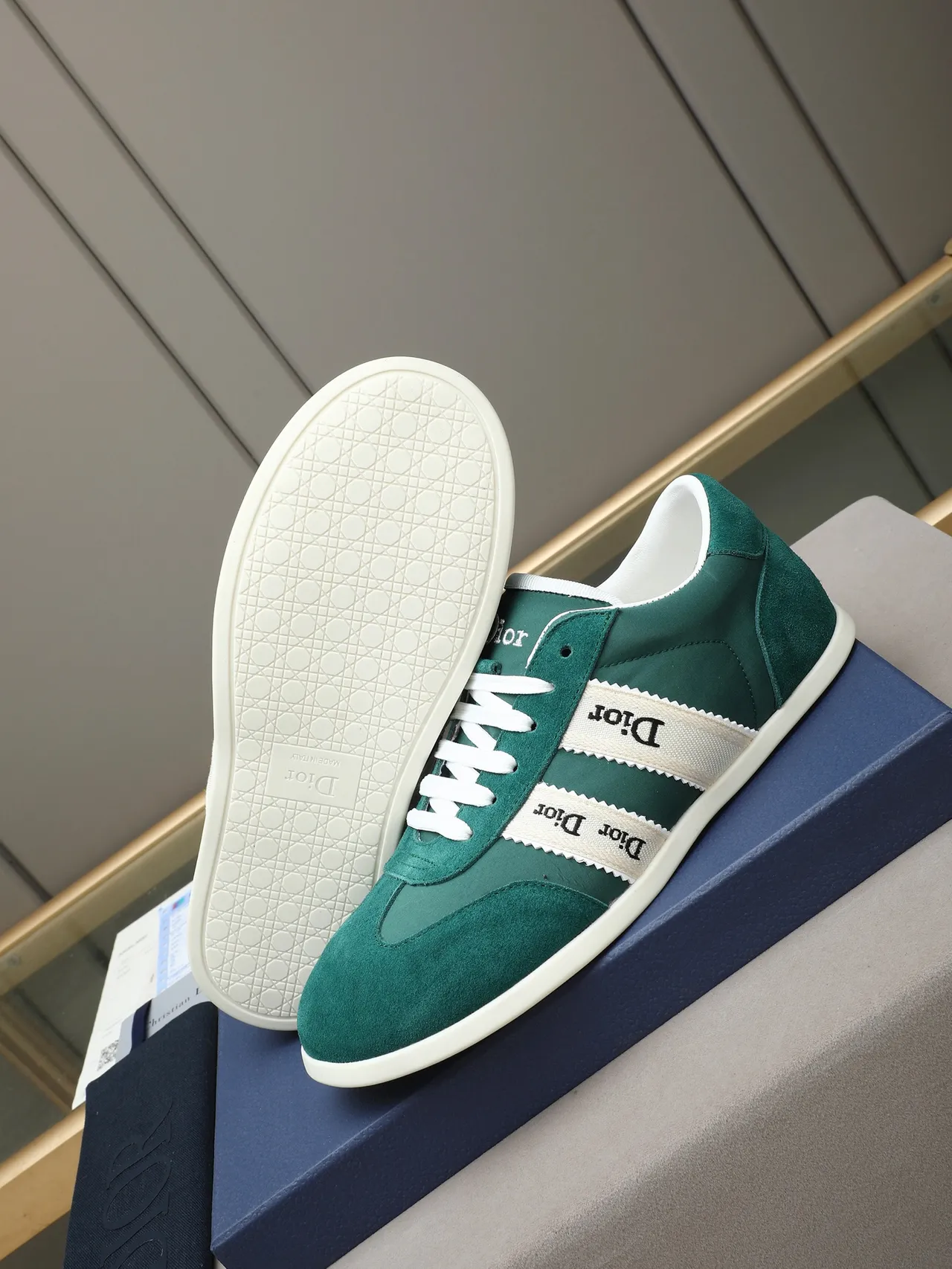 Dior Green White Suede Upper Dual Branded Side Stripes Lifestyle Sneakers 4