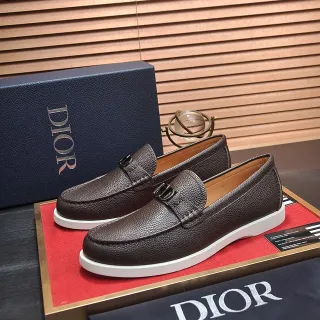 Dior Loafer Brown White Pebbled Leather D-Shaped Metal Buckle Loafer
