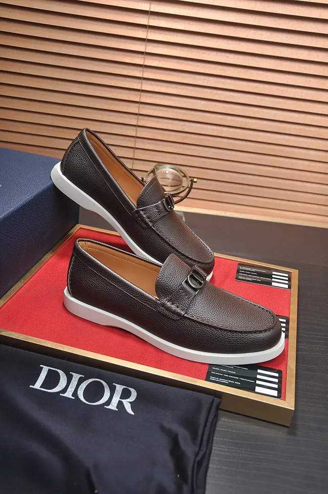Dior Loafer Brown White Pebbled Leather D-Shaped Metal Buckle Loafer 4
