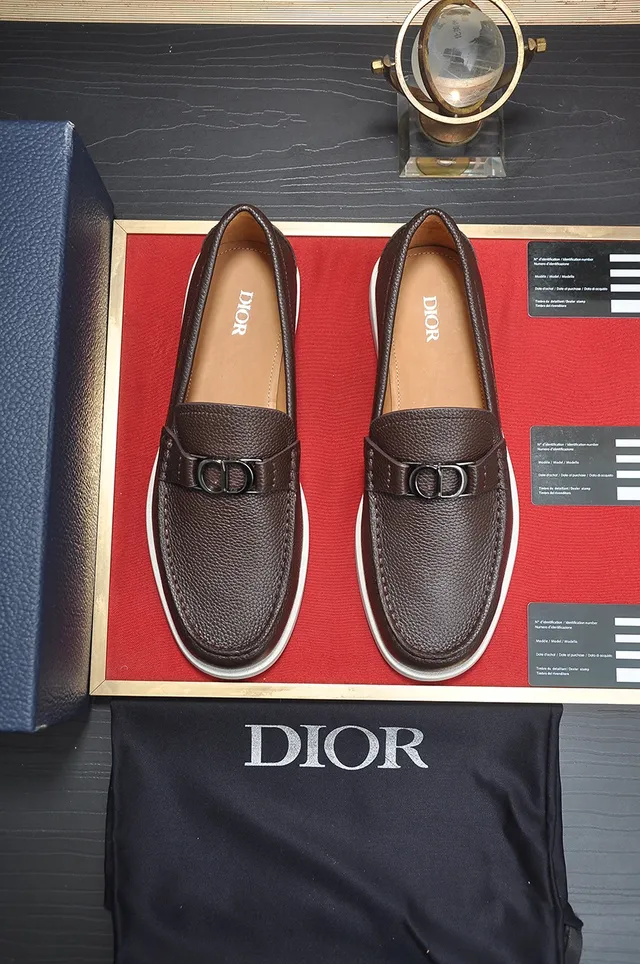 Dior Loafer Brown White Pebbled Leather D-Shaped Metal Buckle Loafer 5