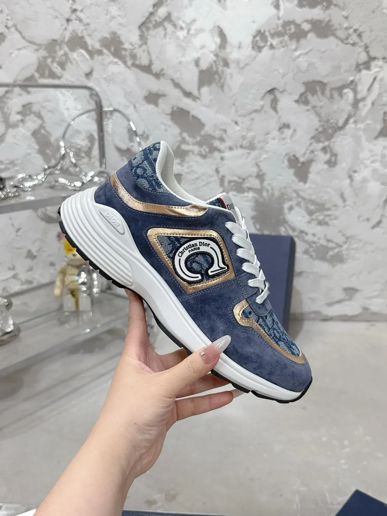 Dior أحذية رياضية أسلوب الحياة من سويدي أزرق بحري وذهبي وأزرق مع زينة جاكار معدنية 3
