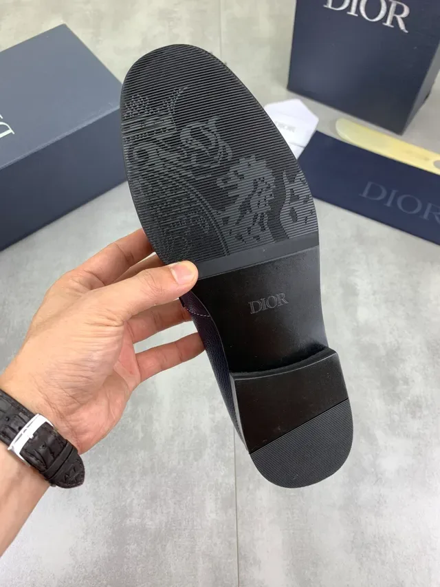 Dior Navy White Pebbled Leather Contrast Stitching Loafer 3