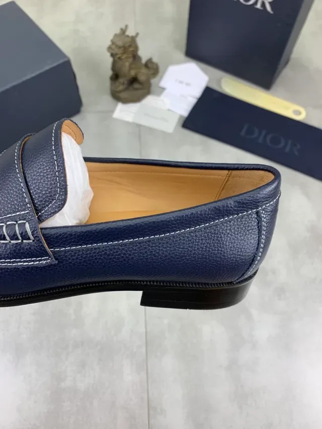 Dior Navy White Pebbled Leather Contrast Stitching Loafer 4