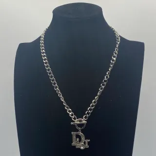 Dior Oblique Pendentif Collier Argent Transparente Chaîne Curb Chunky Fermoir Toggle
