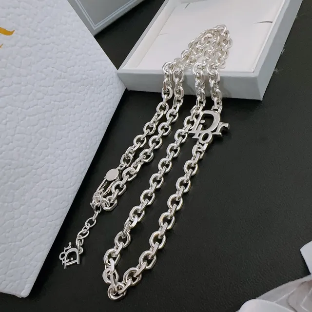 Dior Oblique Silver White Chunky Oval-Link Chain Logo-Charm Pendant Necklace 3