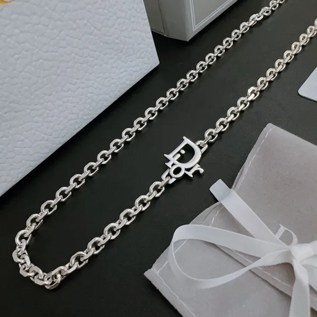 Dior Oblique Silver White Chunky Oval-Link Chain Logo-Charm Pendant Necklace 9