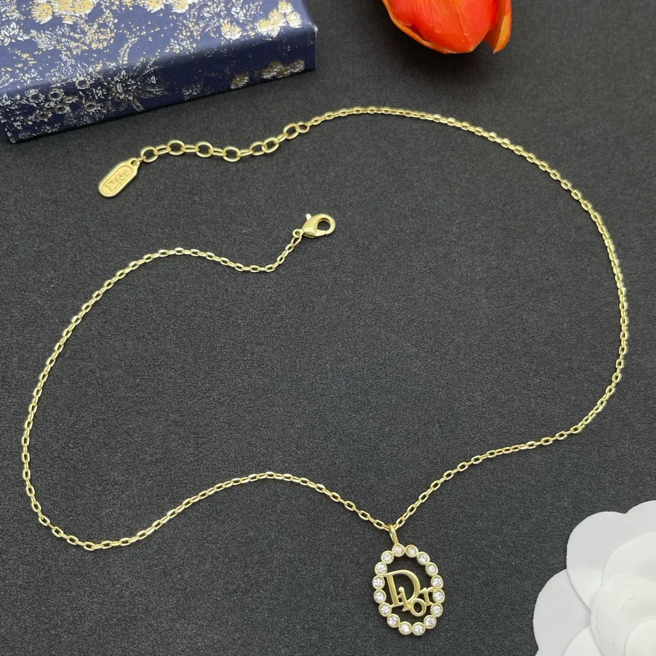 Dior Oval Pavé-Crystal DIOR Monogram Necklace 8