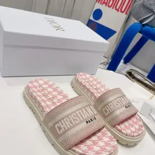 Dior Pink White Houndstooth-Patterned Branded Strap Slippers