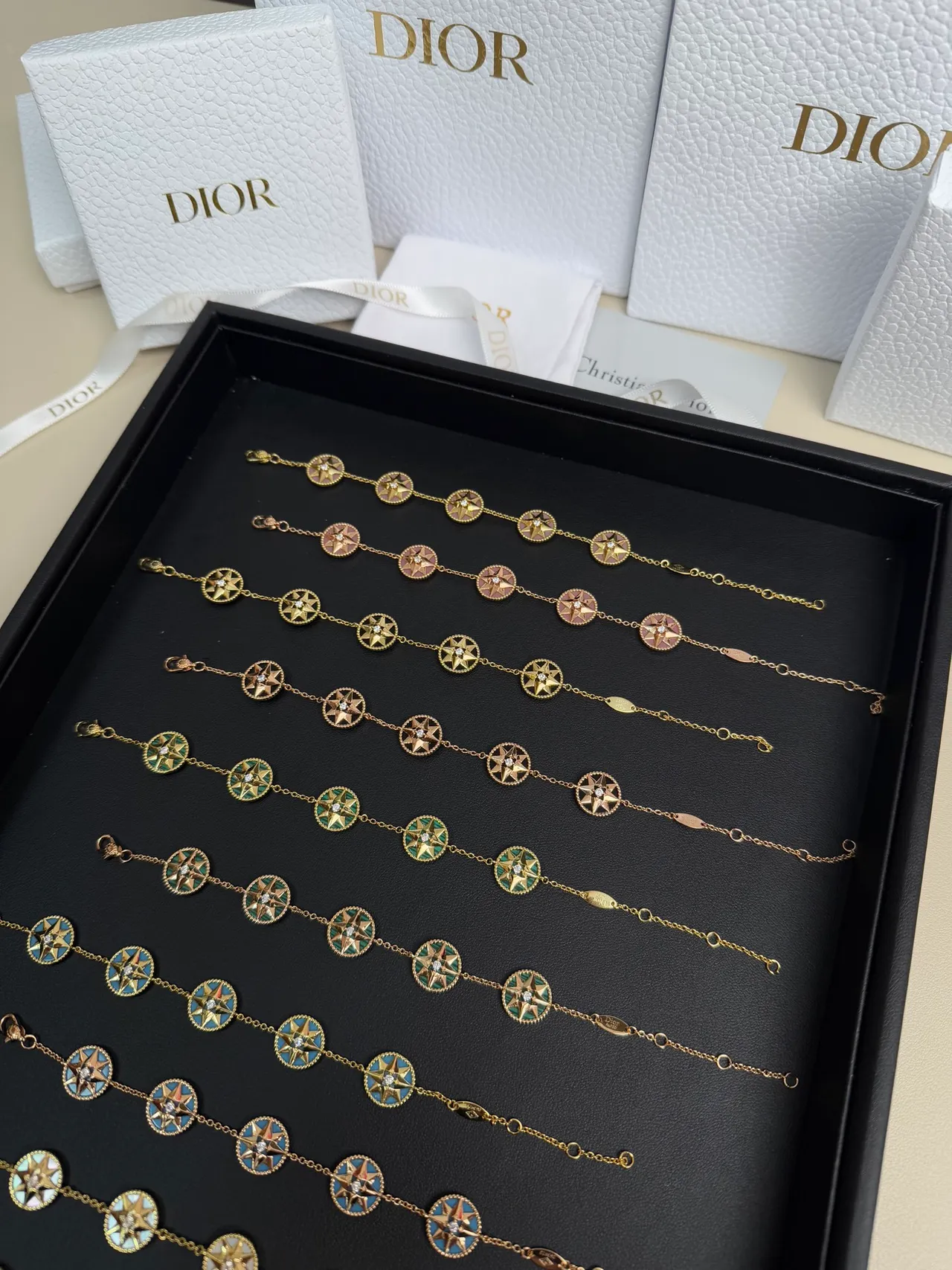 Dior Rose des Vents Enamel Compass-Star Gold-Tone Chain Bracelets 9