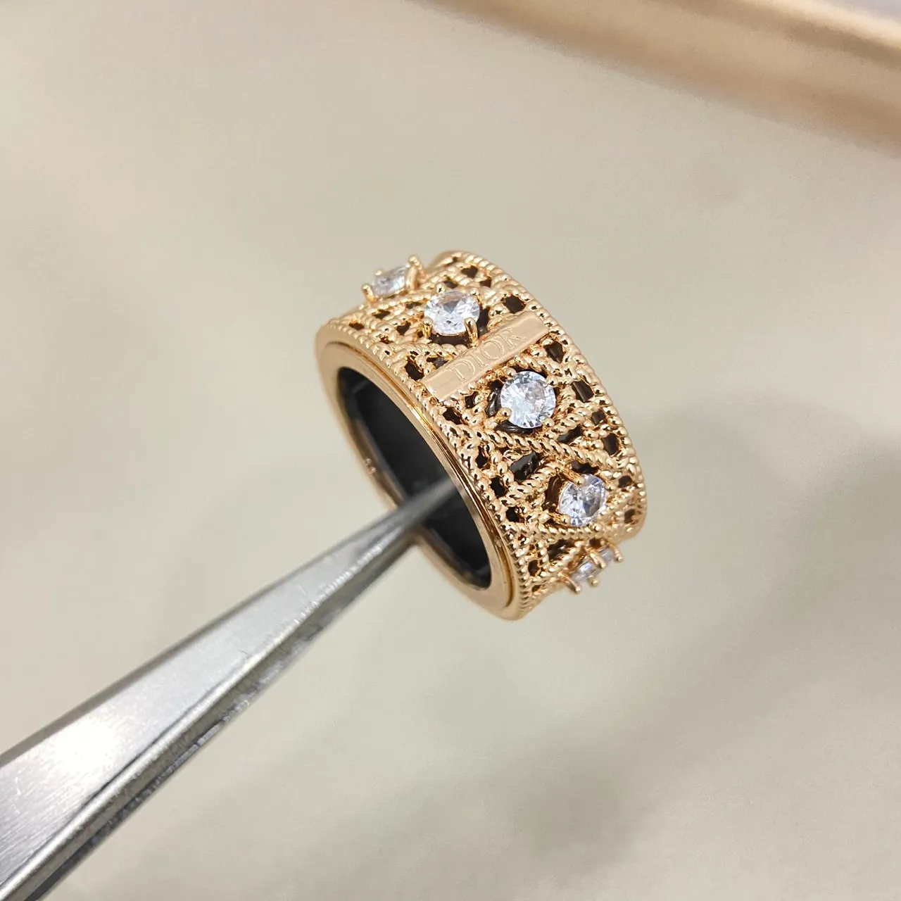 Dior Rose des Vents Gold Silver Openwork Filigree Rotating Band Ring 6