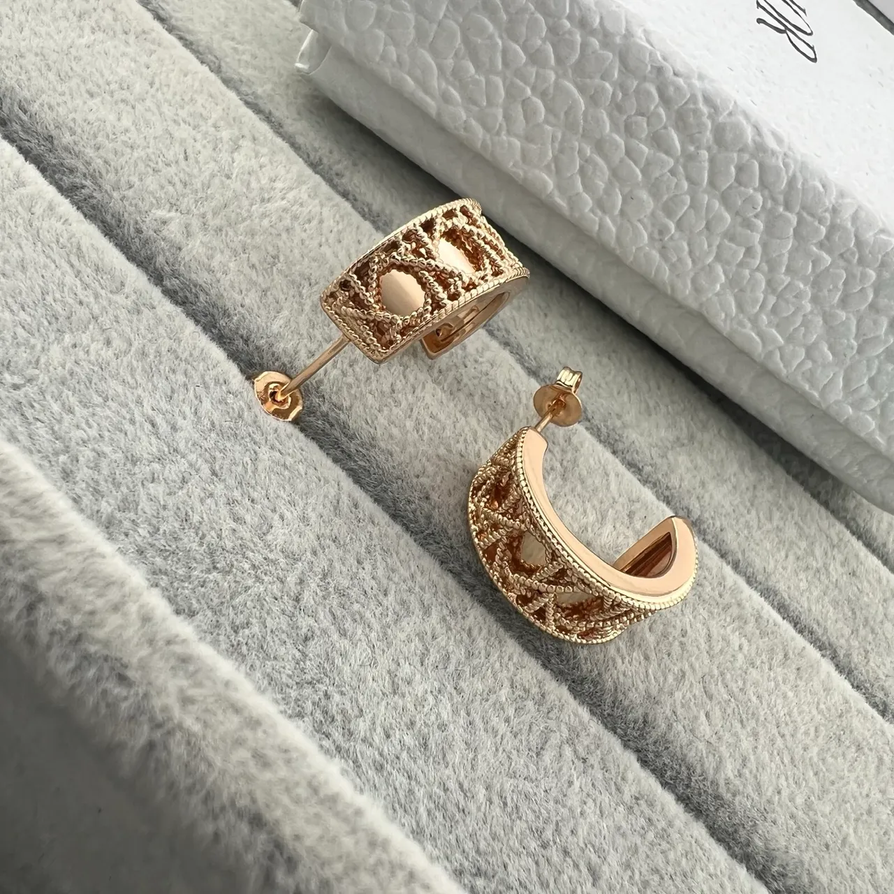 Dior Rose des Vents Gold Silver Openwork Lattice Rectangular Hoop Earrings 3