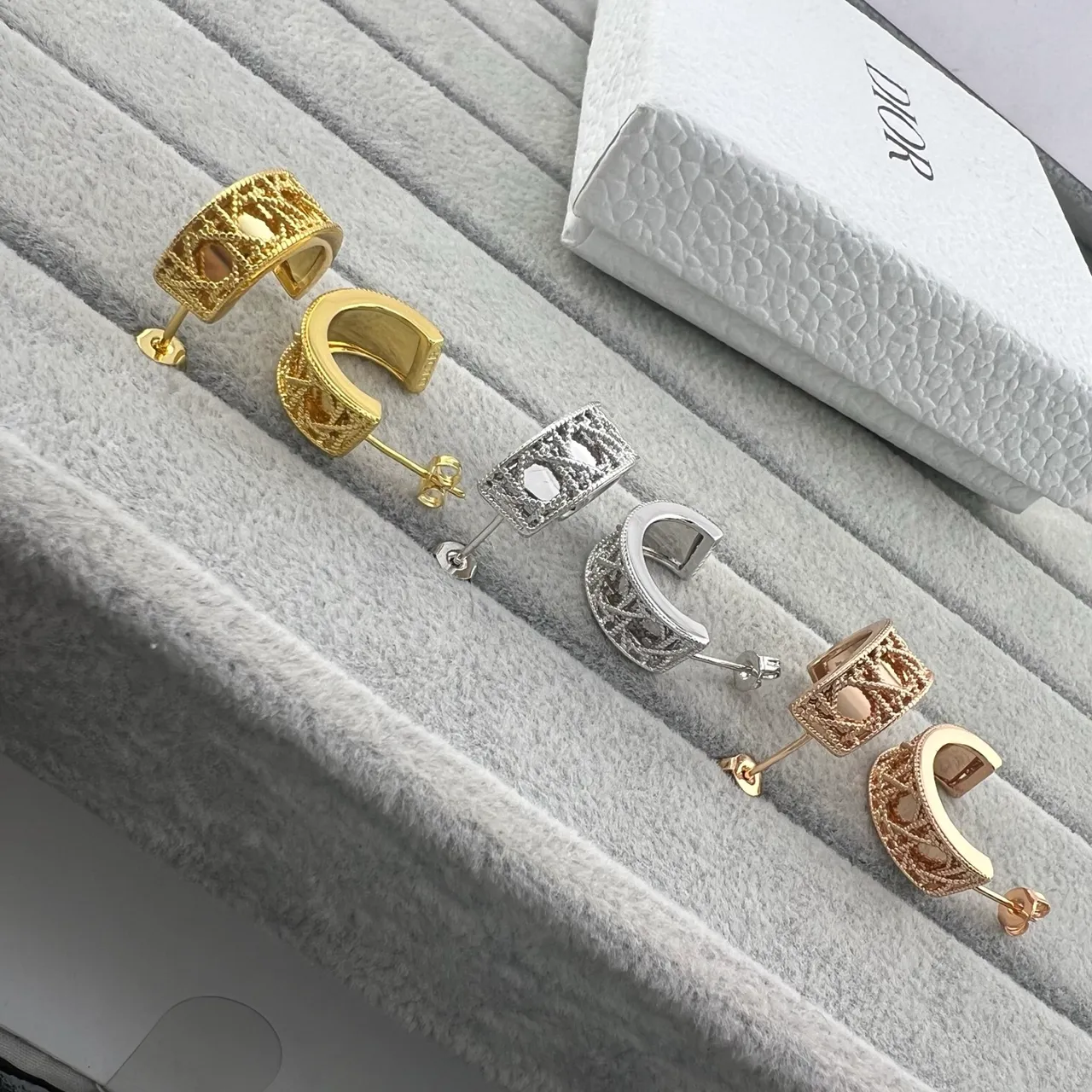 Dior Rose des Vents Gold Silver Openwork Lattice Rectangular Hoop Earrings 6