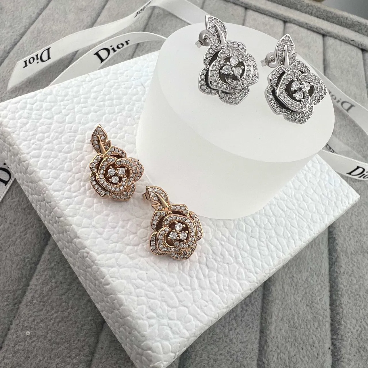 Dior Rose des Vents Silver Gold Pavé-Crystal Earrings 4