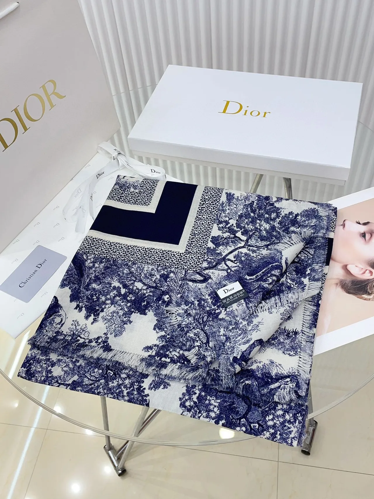 Dior Toile de Jouy Navy on White Silk Scarf 4