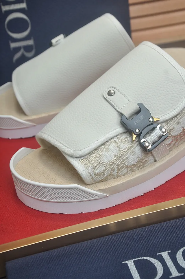 Dior White Beige Jacquard Monogram Strap Flap-Over Buckle Closure Slippers 2