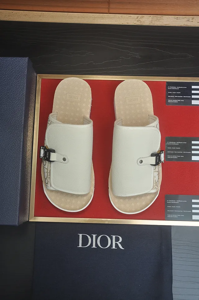 Dior White Beige Jacquard Monogram Strap Flap-Over Buckle Closure Slippers 5