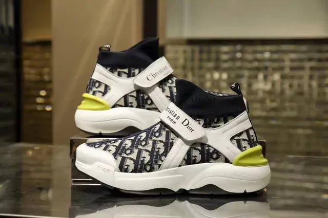 Dior White Green Sock-Fit High-Top Monogram Jacquard Upper Lifestyle Sneakers 4