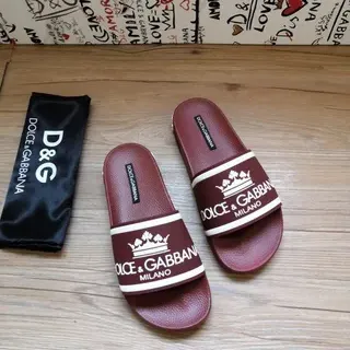 Dolce & Gabbana بوردو أبيض حزام عريض شعار تاج نعال منزلية