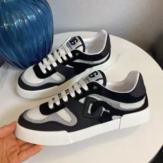 Dolce & Gabbana NS1 Black White Mesh And Suede Paneling Prominent DG Monogram Overlay Lifestyle Sneakers