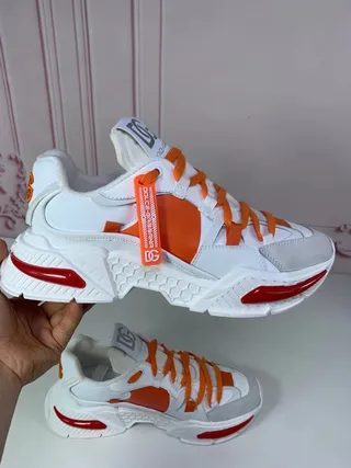 Dolce & Gabbana Portofino solado branco laranja textura de favo de mel meia sola tênis chunky 3