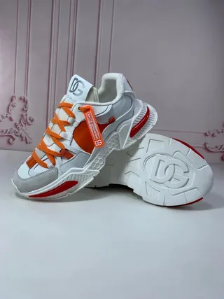 Dolce & Gabbana Portofino solado branco laranja textura de favo de mel meia sola tênis chunky 7