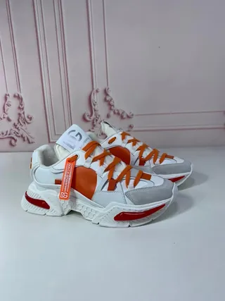 Dolce & Gabbana Portofino solado branco laranja textura de favo de mel meia sola tênis chunky 9