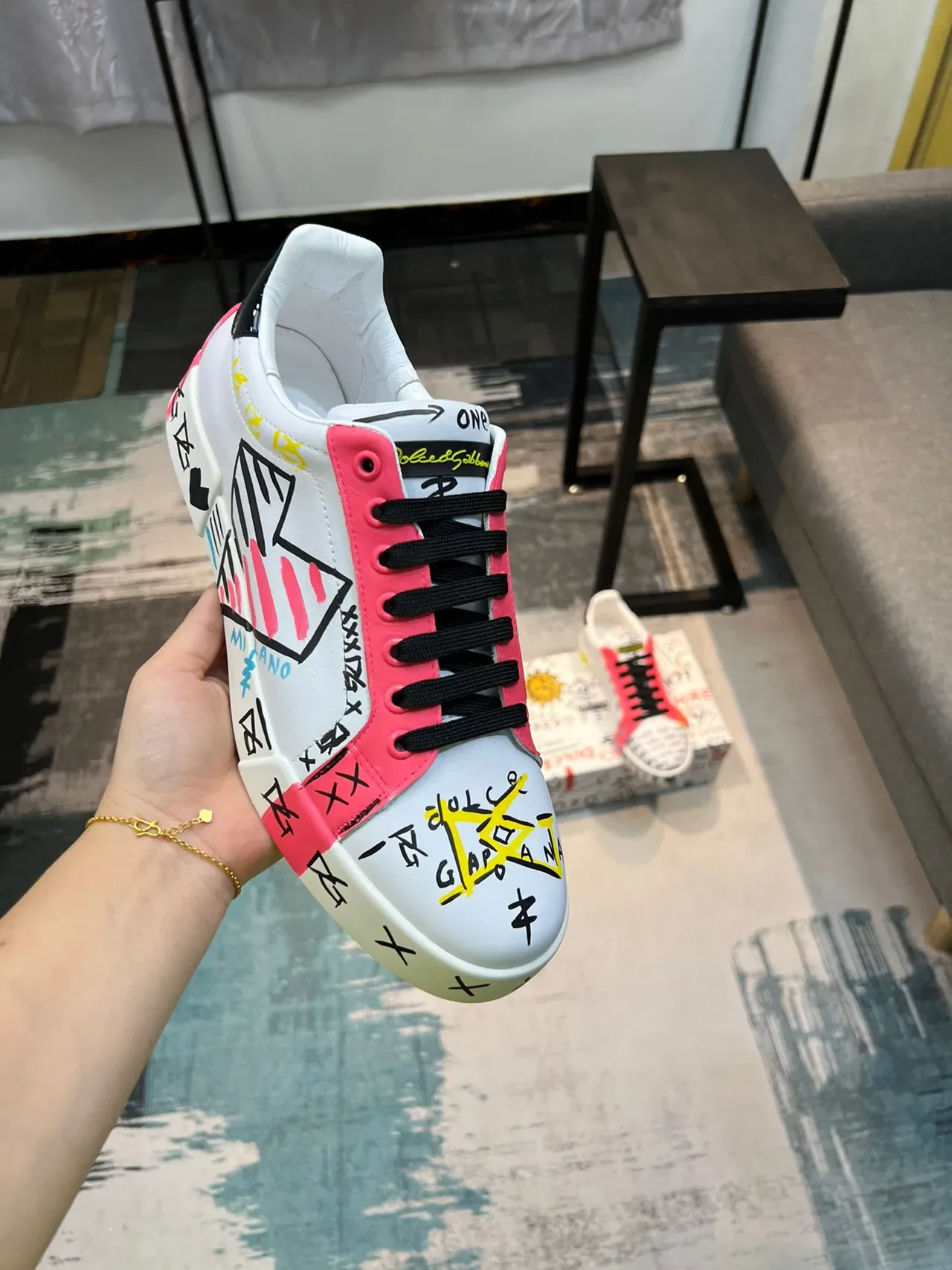 Dolce & Gabbana LOVE Graphic-Print White Pink Black Lifestyle Sneakers 6