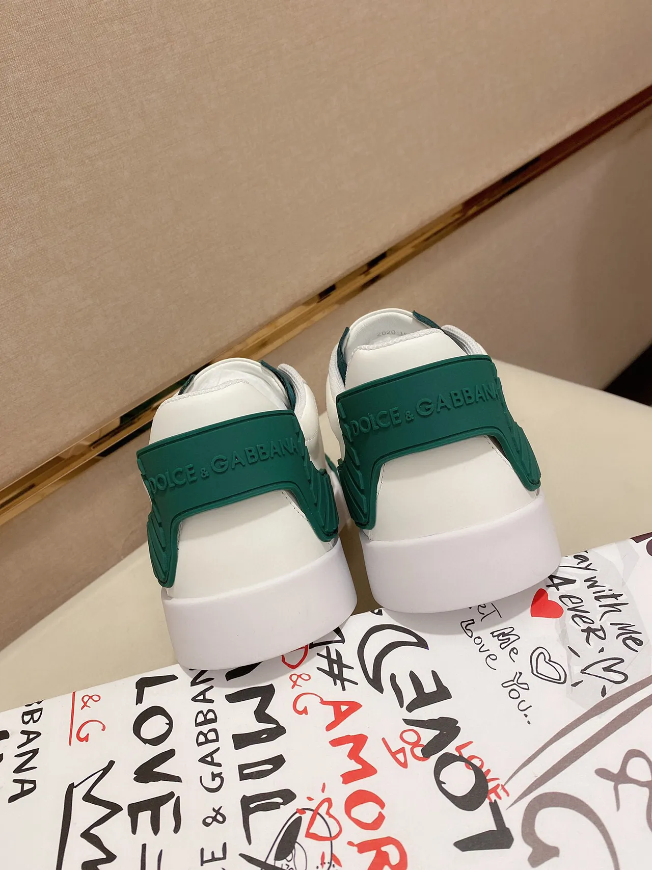 Dolce & Gabbana Branco Verde Couro Superior Camadas de Borracha Esmeralda Tênis Lifestyle 3