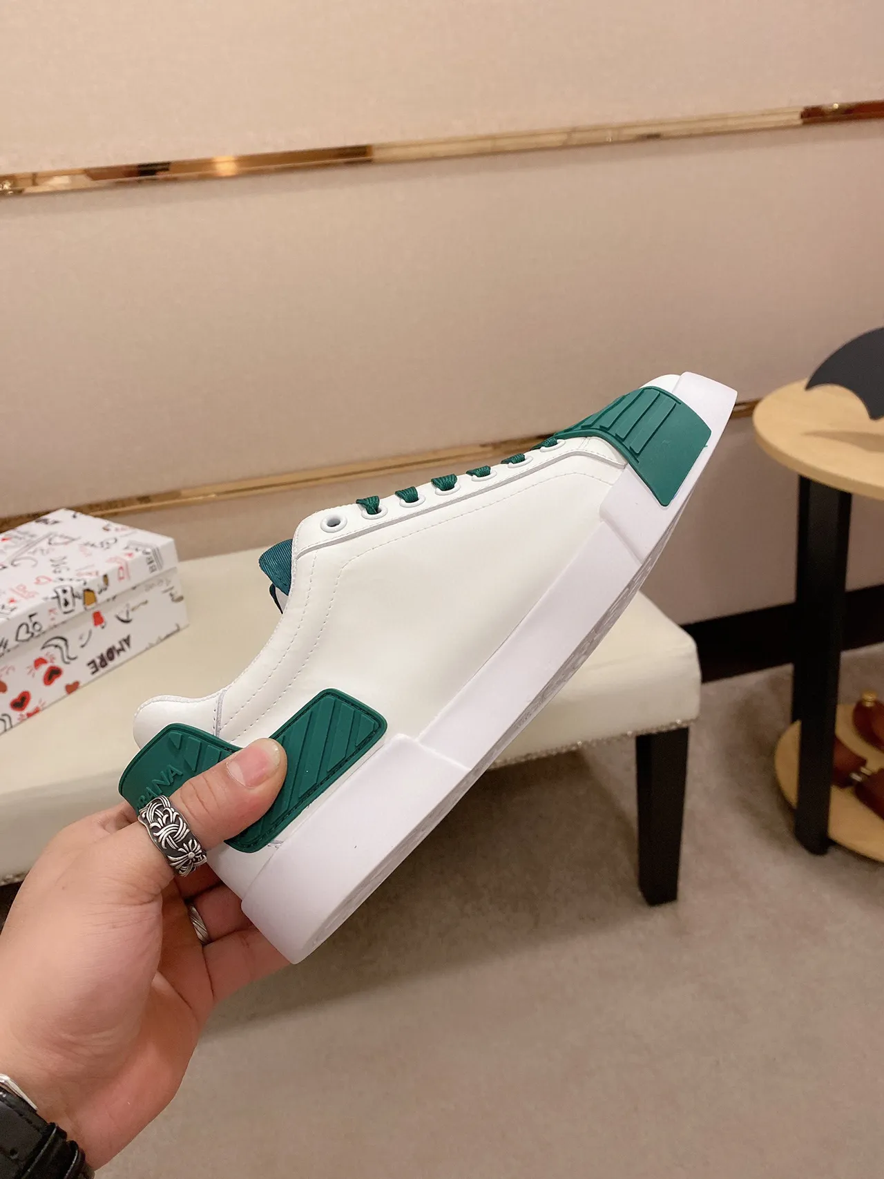 Dolce & Gabbana Branco Verde Couro Superior Camadas de Borracha Esmeralda Tênis Lifestyle 6