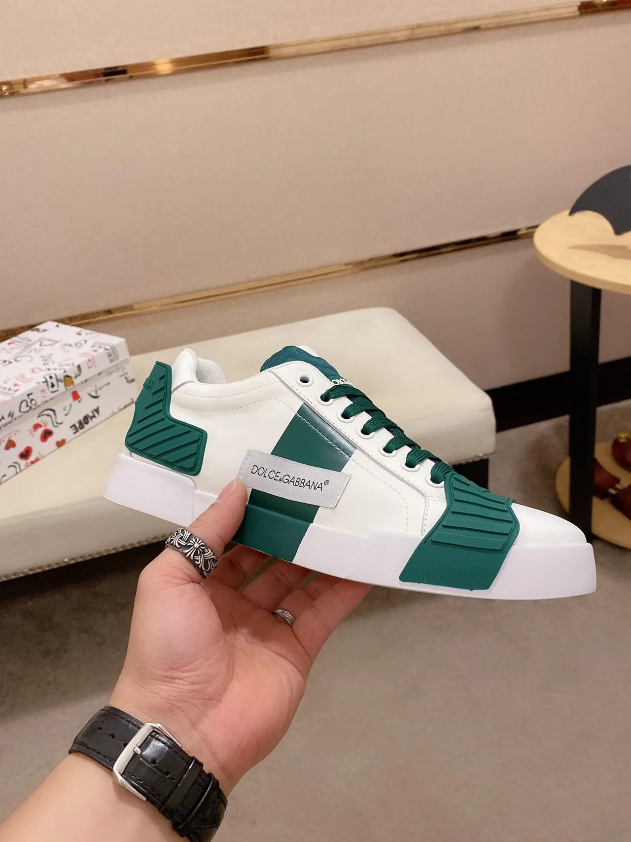 Dolce & Gabbana Branco Verde Couro Superior Camadas de Borracha Esmeralda Tênis Lifestyle 7