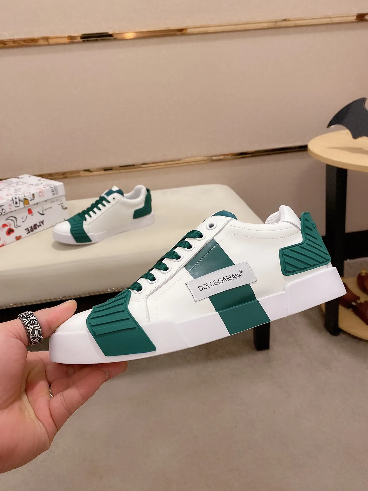 Dolce & Gabbana Branco Verde Couro Superior Camadas de Borracha Esmeralda Tênis Lifestyle 8
