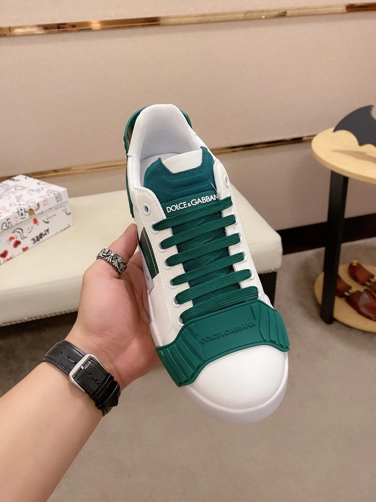 Dolce & Gabbana Branco Verde Couro Superior Camadas de Borracha Esmeralda Tênis Lifestyle 9