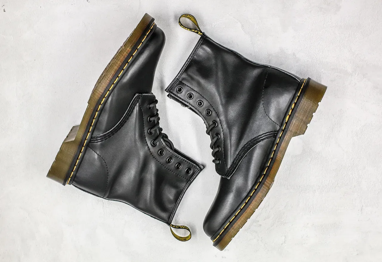 Dr. Martens 1460 Black Smooth Leather Yellow Stitch Martin Boots 2