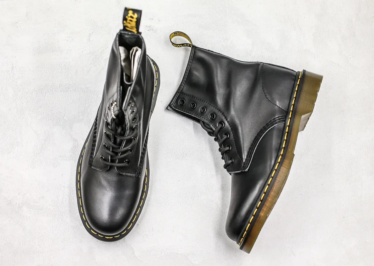 Dr. Martens 1460 Black Smooth Leather Yellow Stitch Martin Boots 3