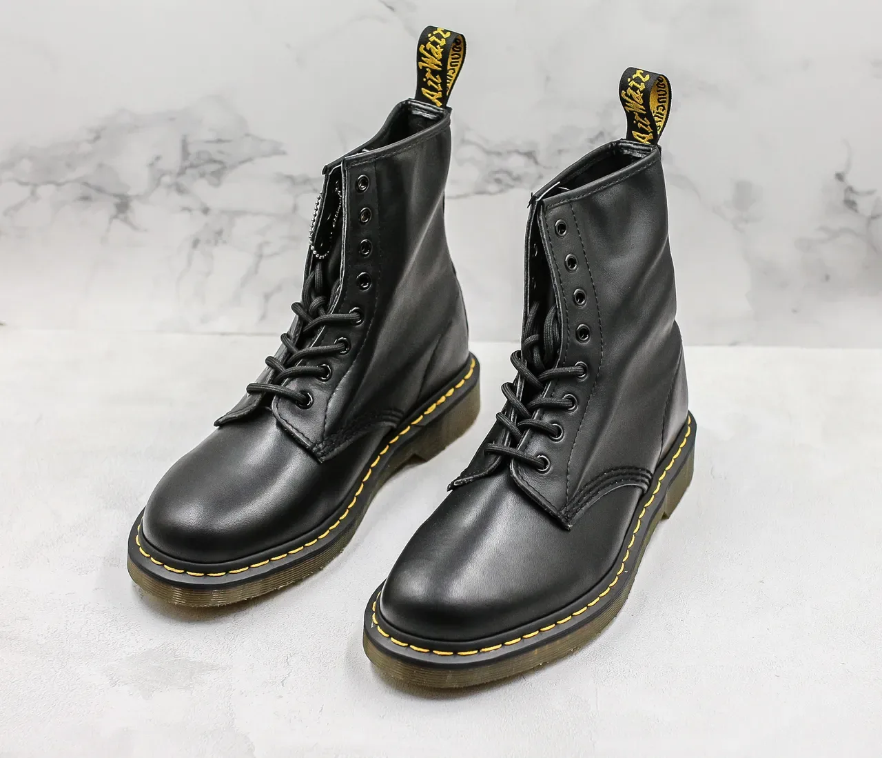 Dr. Martens 1460 Black Smooth Leather Yellow Stitch Martin Boots 4