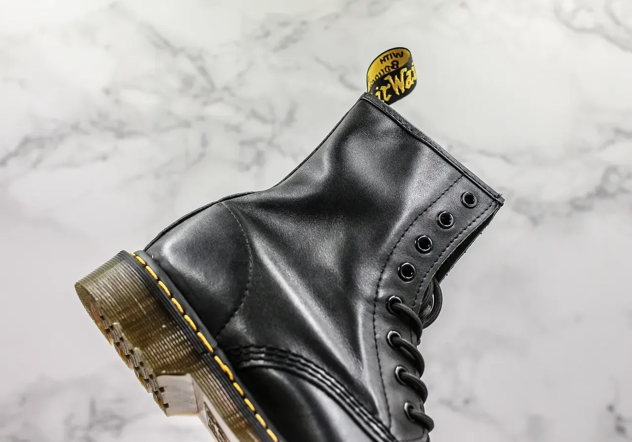 Dr. Martens 1460 Black Smooth Leather Yellow Stitch Martin Boots 6