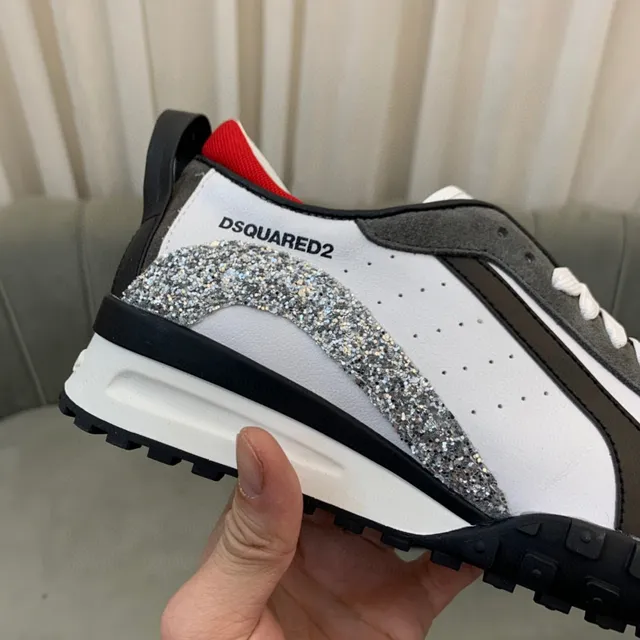 Dsquared2 ICON شرائط لامعة أبيض رمادي أحمر أحذية رياضية نمط حياة 4