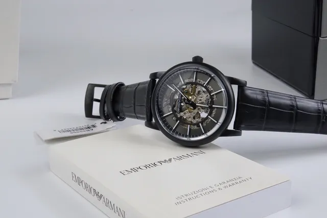 Emporio Armani Black Gray Skeleton Dial PVD Case Mechanical Watch 7