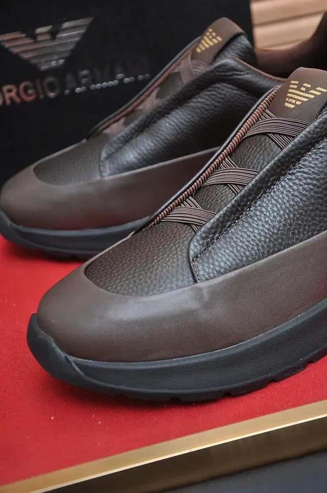 Emporio Armani Brown Leather Slip-On Sneaker 2