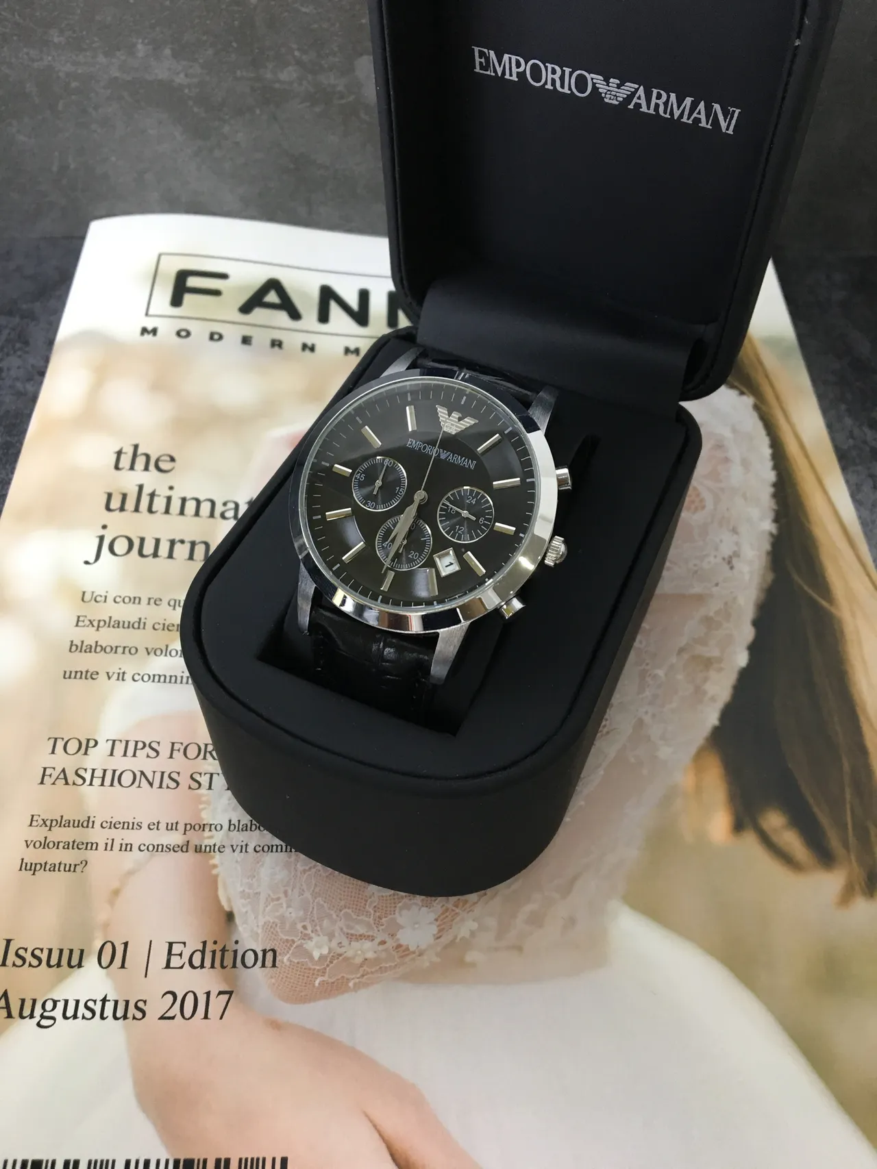 Emporio Armani Chronograph Black Dial Crocodile-Embossed Leather Strap Quartz Watch 2