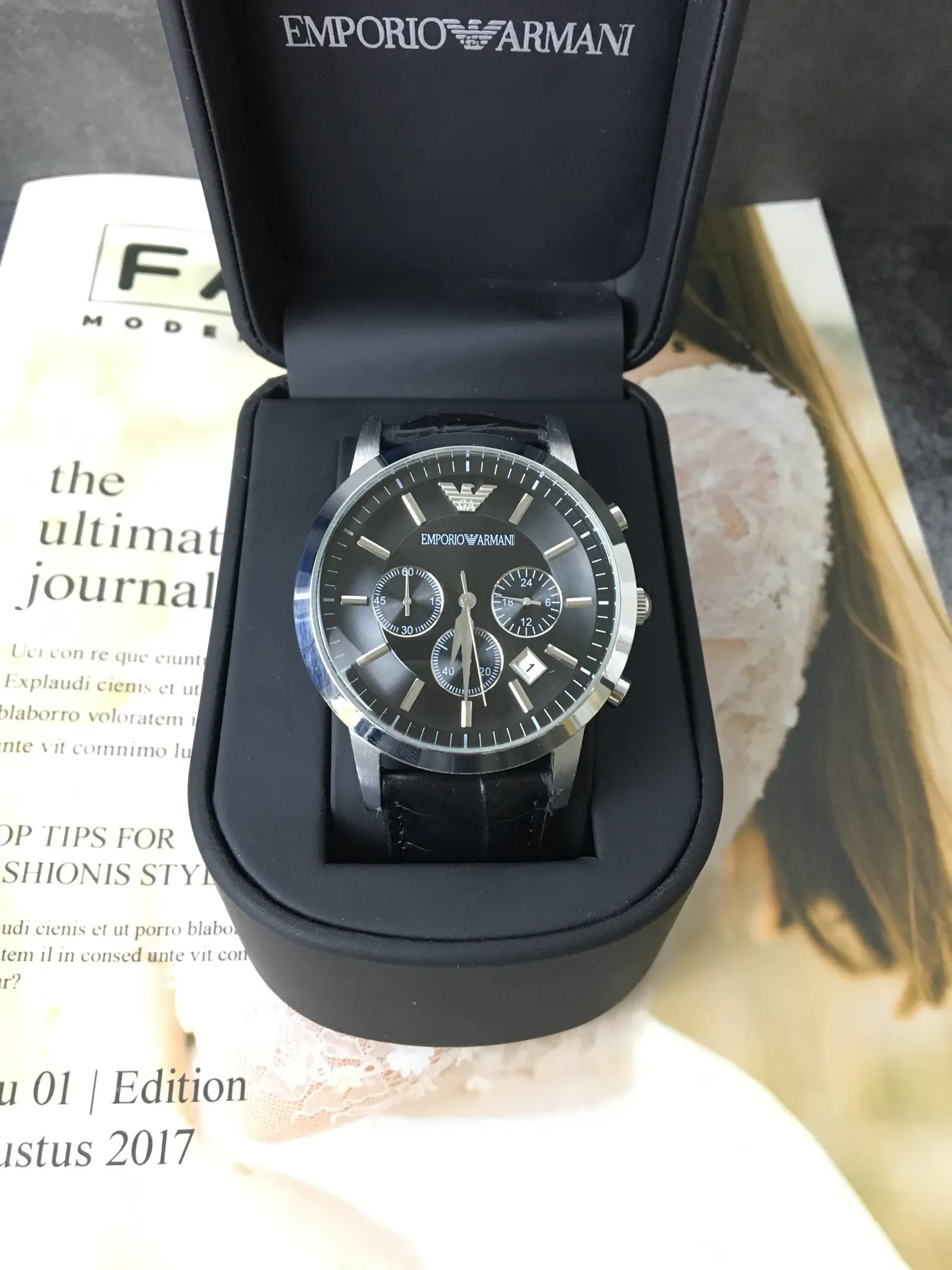 Emporio Armani Chronograph Black Dial Crocodile-Embossed Leather Strap Quartz Watch 3