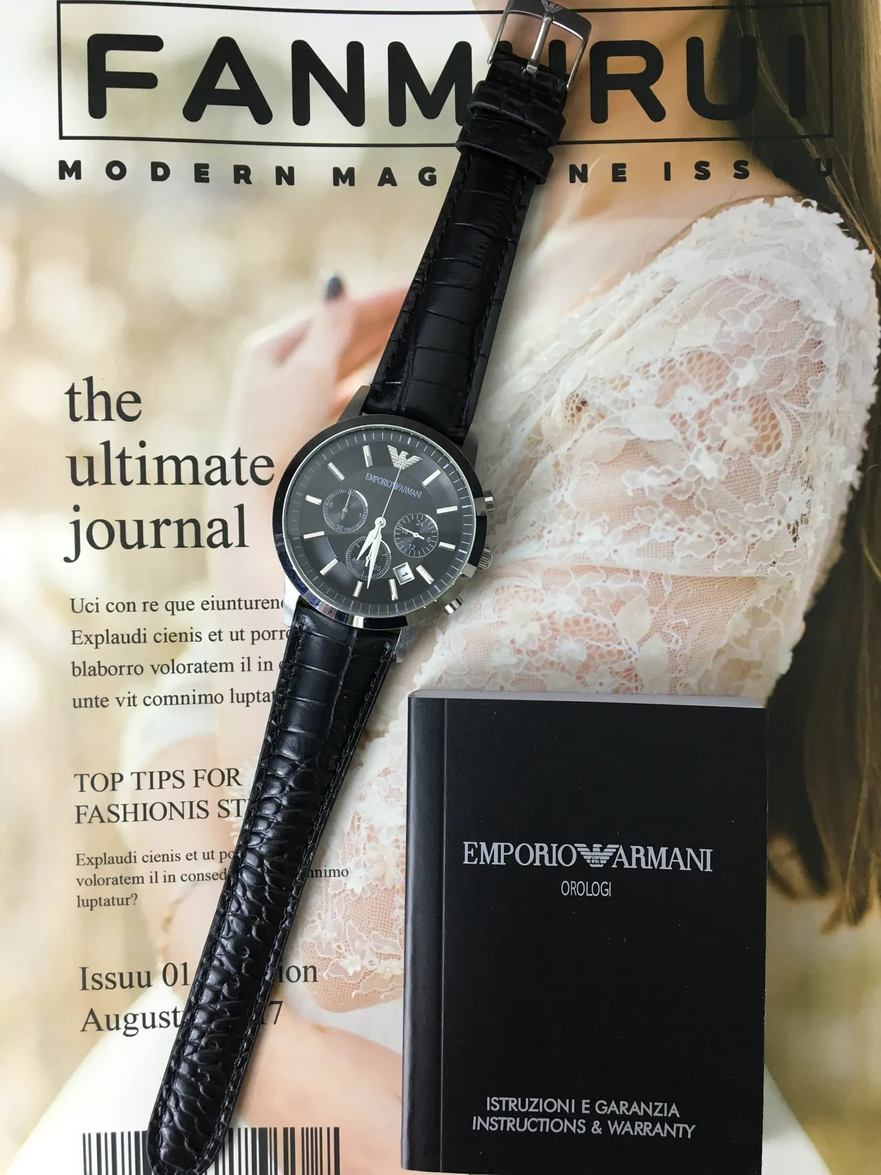 Emporio Armani Chronograph Black Dial Crocodile-Embossed Leather Strap Quartz Watch 6