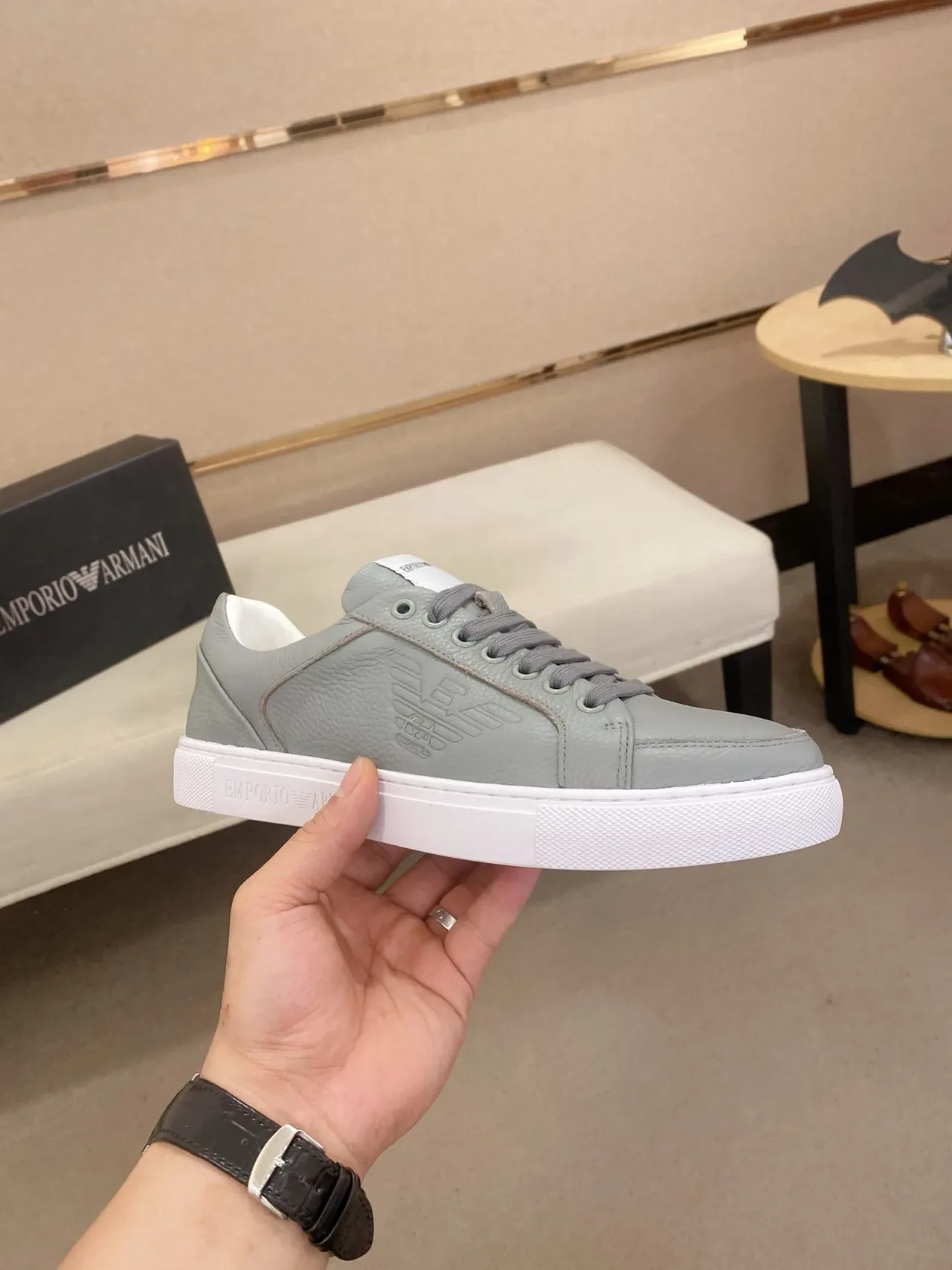 Emporio Armani Gray White Leather Upper Embossed Eagle Logo Sneakers 4