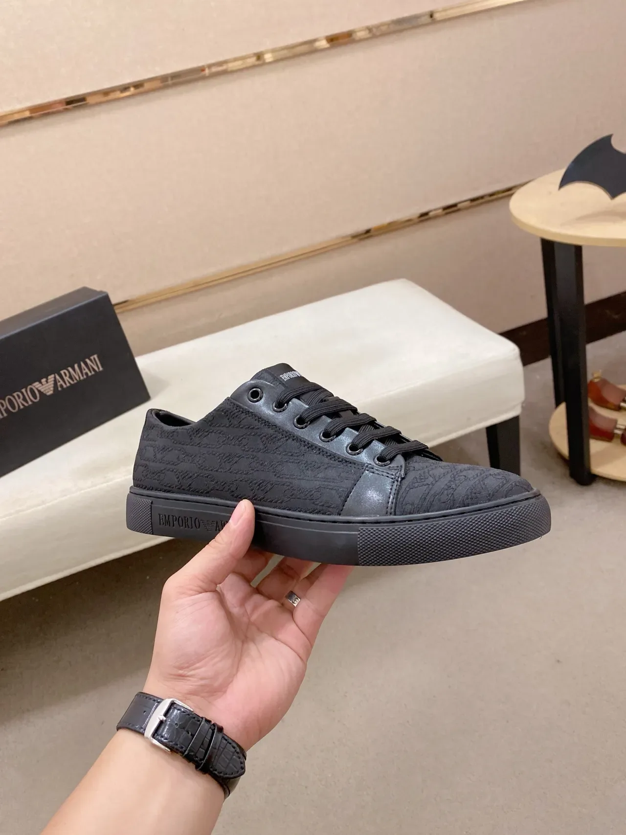 Emporio Armani Monochrome Black Logo Jacquard Low-Top Sneakers 5
