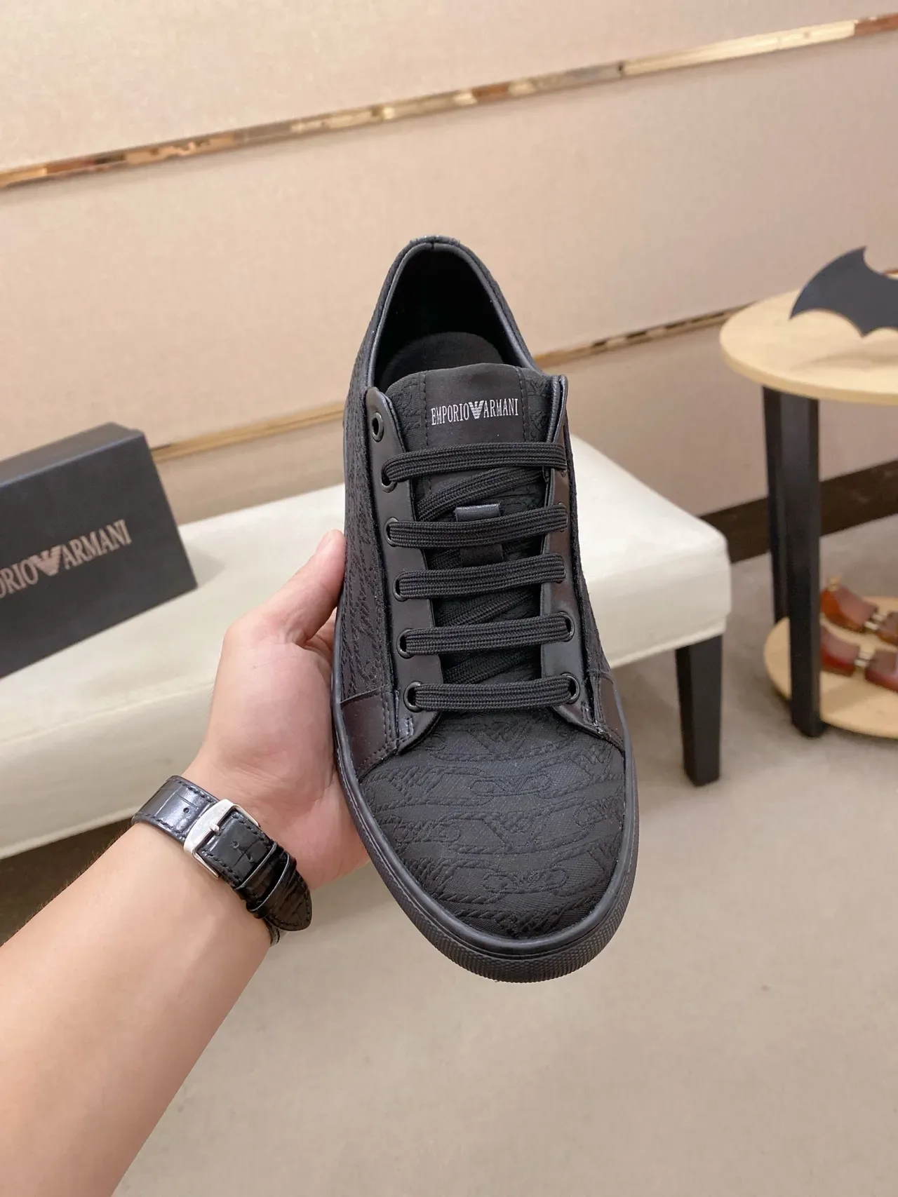 Emporio Armani Monochrome Black Logo Jacquard Low-Top Sneakers 6