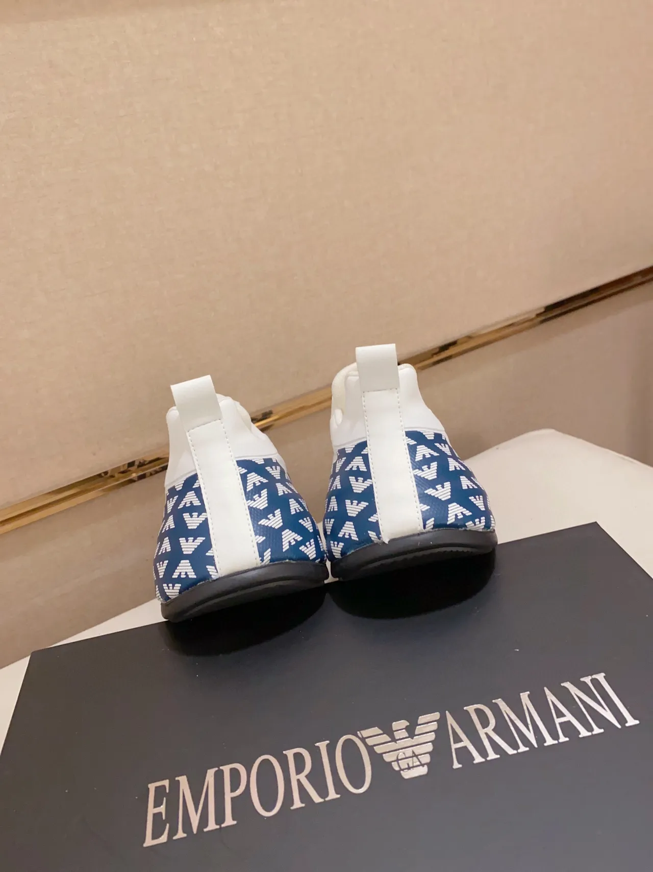 Emporio Armani Monogram-Print White and Navy Lifestyle Sneakers 3