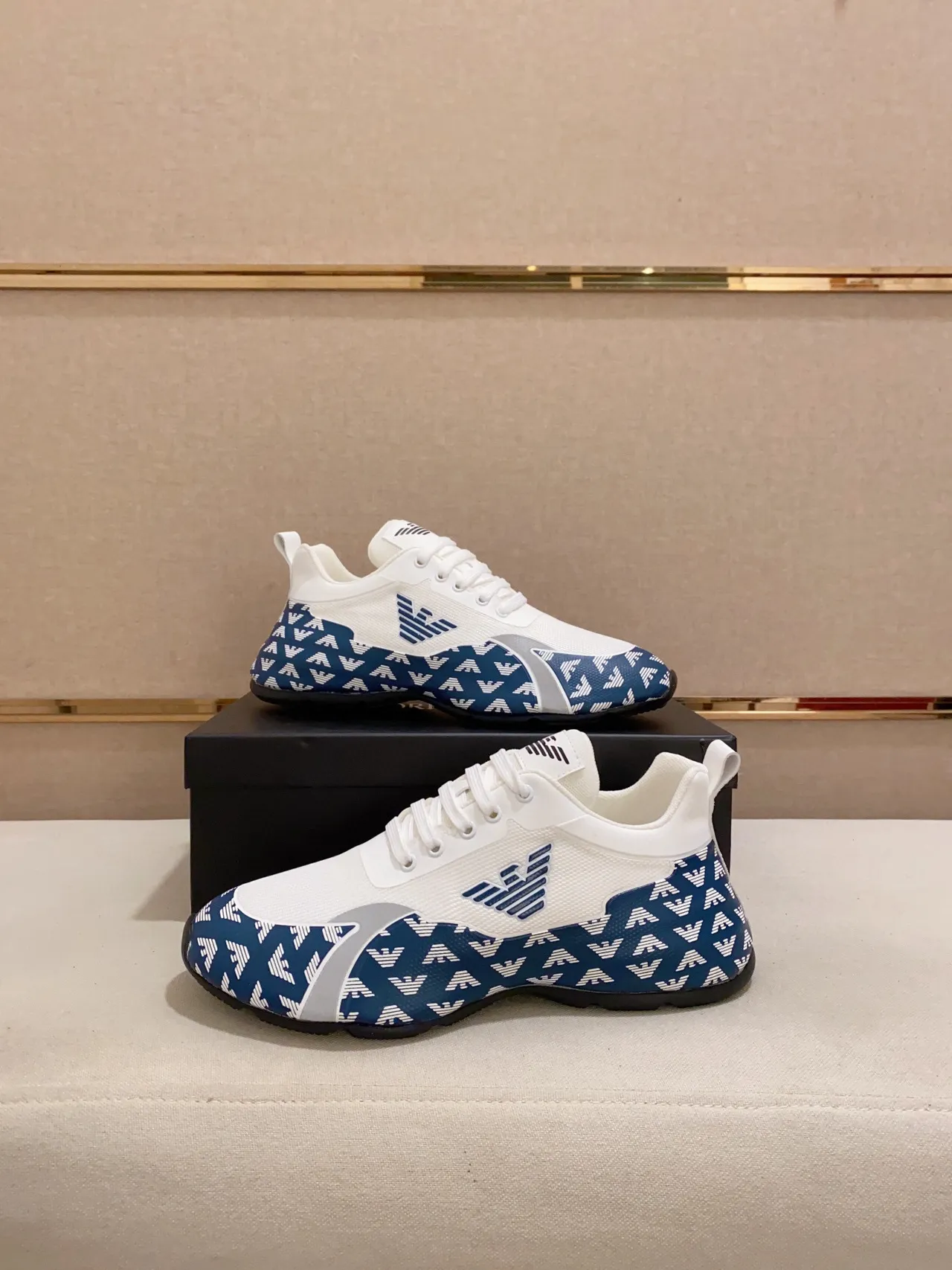 Emporio Armani Monogram-Print White and Navy Lifestyle Sneakers 4