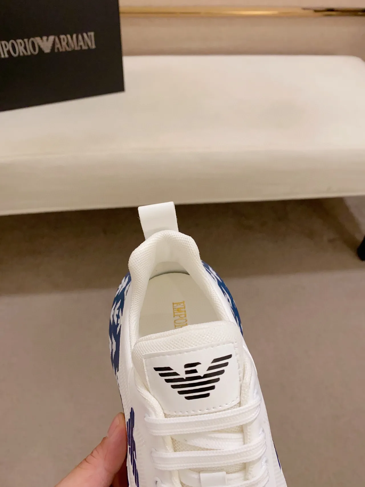 Emporio Armani Monogram-Print White and Navy Lifestyle Sneakers 5