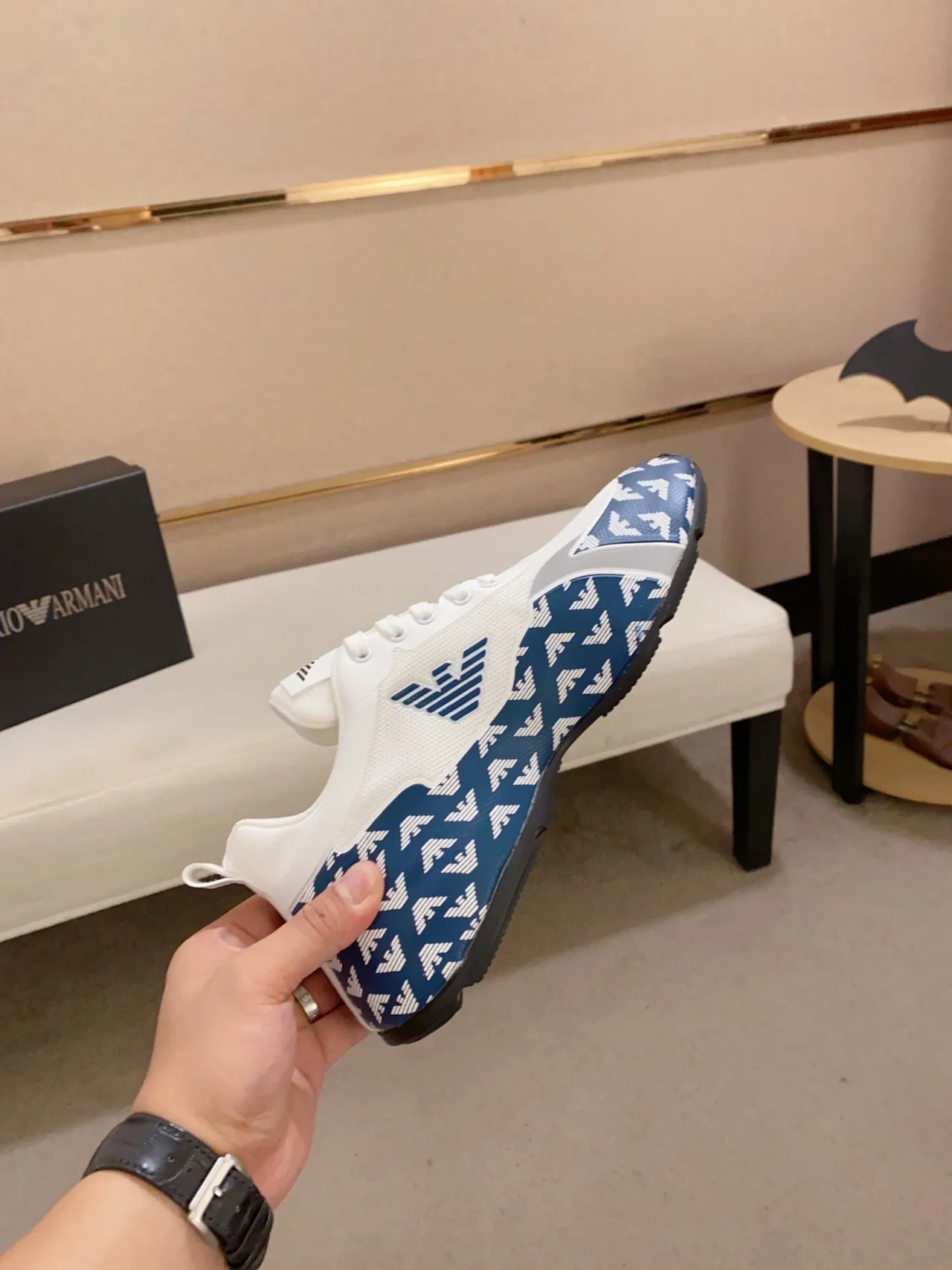Emporio Armani Monogram-Print White and Navy Lifestyle Sneakers 6