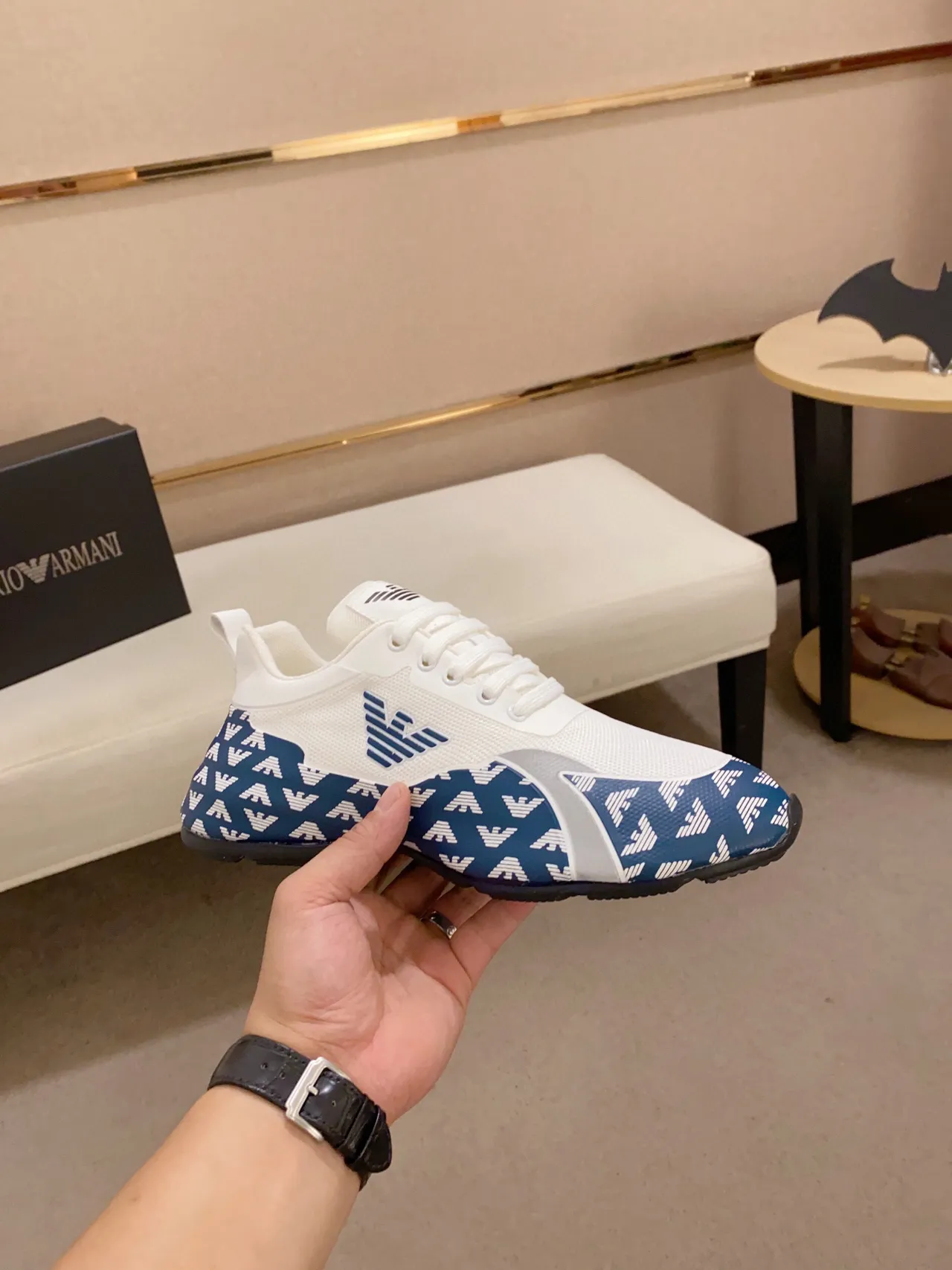 Emporio Armani Monogram-Print White and Navy Lifestyle Sneakers 7